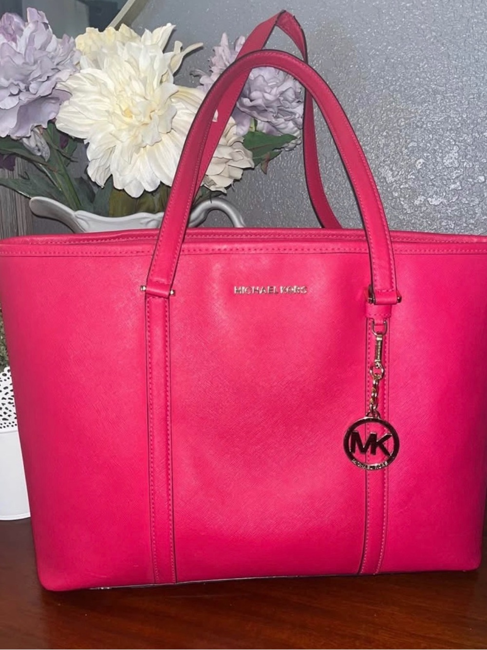 Michael Kors Hot Pink Saffiano Tote with MK Charm